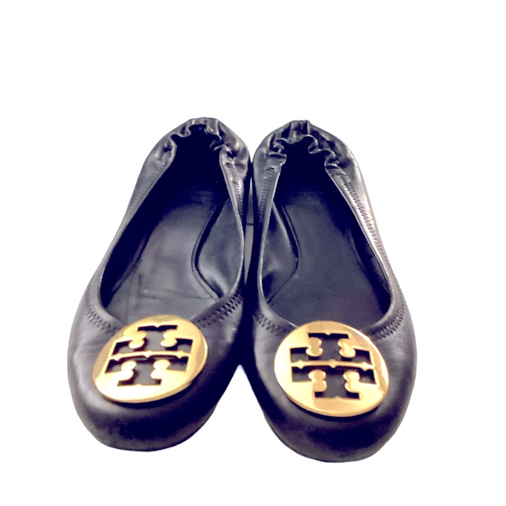 Tory Burch Black Leather Ballet Flats with Gold Tone Monogram Signature Logo